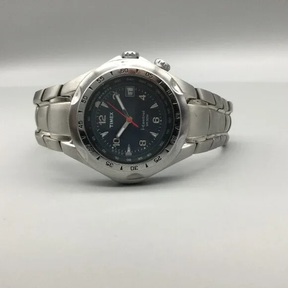 Timex Watch Men I-Control 39mm Silver Tone Black Dial Date New Battery 7.75